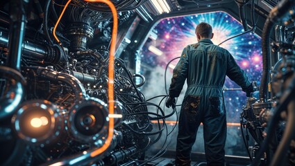 A technician in a futuristic spacecraft, surrounded by machinery and a cosmic backdrop.