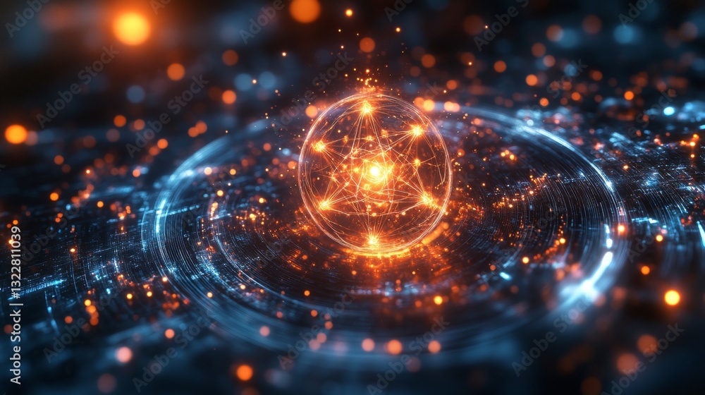 Aufkleber A glowing sphere represents a qubit, surrounded by bright particles and patterns that illustrate superposition and entanglement in a cosmic setting.