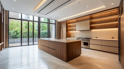 Modern minimalist kitchen featuring beige floor-to-ceiling cabinets and walnut wood open shelving with LED lights and a floating ceiling