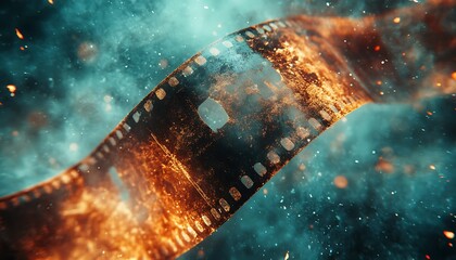 A burned film strip displays fire particles and cinematic concepts beautifully
