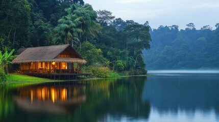 Naklejka premium Serene Eco Resort by a Picturesque Lake Surrounded by Lush Forest