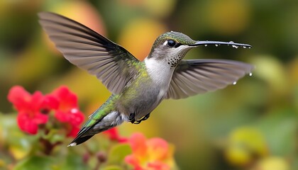 Hummingbird in flight, feeding on flowers