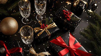Christmas gift boxes top view background under a decorated with festive ribbons and golden accents