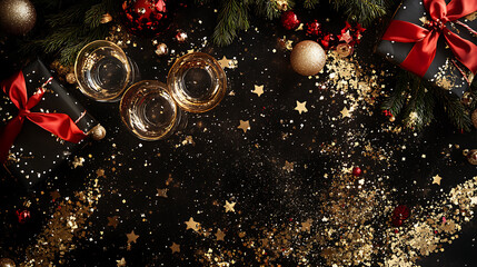 Christmas gift boxes top view background under a decorated with festive ribbons and golden accents
