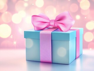 Obraz premium illustration of bright blue and pink colored cardboard box with pink bow and ribbons placed on white table against blurred shiny background - ai