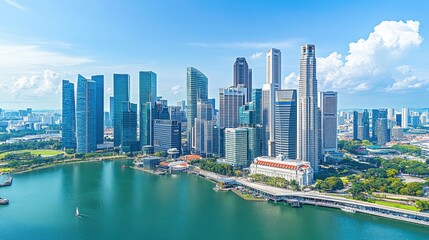 Fototapeta premium Aerial view of a vibrant cityscape featuring a winding river reflecting sunlight, with a modern bridge arching gracefully over the water, surrounded by lush greenery and urban buildings.