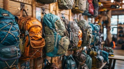 A collection of vibrant hiking backpacks is lined up on a wooden wall in a retail store dedicated to outdoor equipment. The lighting highlights the different colors and styles available.