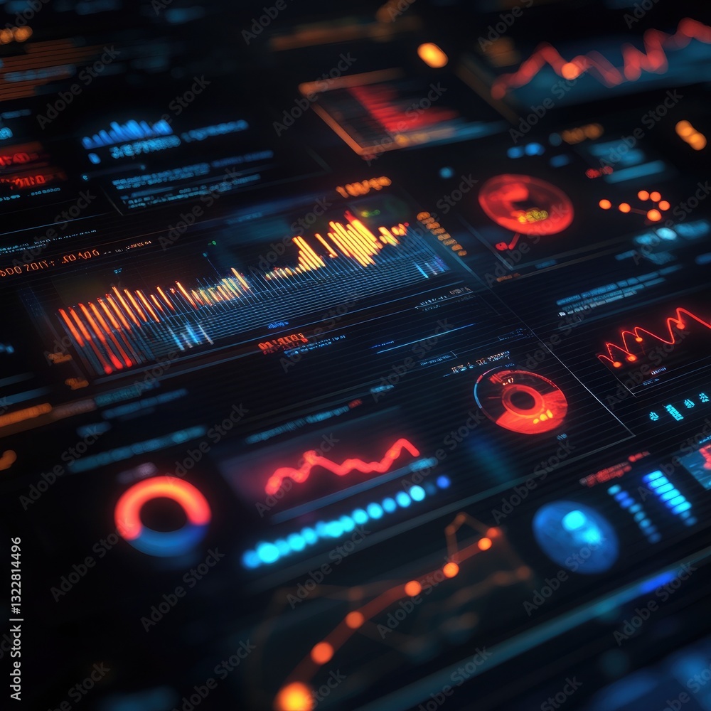 Poster futuristic technology dashboard displaying realtime data analytics and financial market information