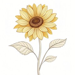 Fototapeta premium Elegant Line Art Drawing of a Single Sunflower with Leaves on White Background