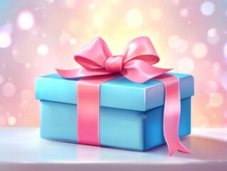 Obraz premium illustration of bright blue and pink colored cardboard box with pink bow and ribbons placed on white table against blurred shiny background - ai