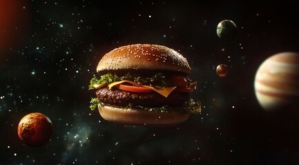 Naklejka premium Delicious Cheeseburger Floating in Space Amongst Planets and Stars