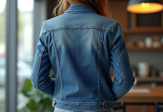A stylish denim jacket with a blank back area for embroidery or custom design, back view of young woman in jeans