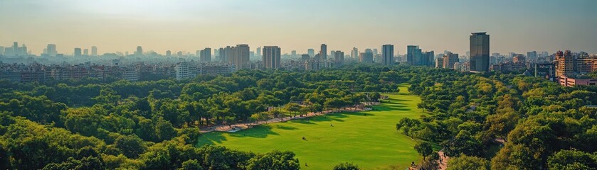Fototapeta premium Aerial view of a vibrant cityscape featuring a lush green field dotted with trees, contrasting beautifully with the urban skyline, showcasing a harmonious blend of nature and architecture.