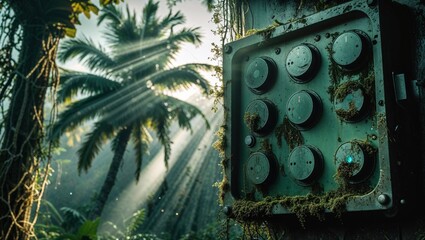 A weathered control panel in a lush jungle, illuminated by sun rays through palm trees.