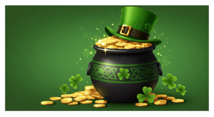 A Digital Illustration Of A Black Pot Overflowing With Gold Coins Green Leprechaun Hat Clovers