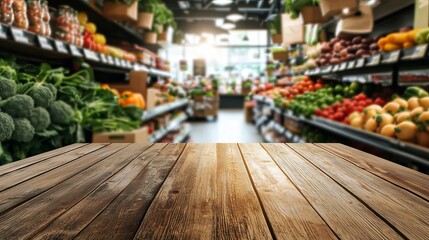 Obraz premium A wooden table in front of a vibrant grocery store filled with fresh produce and vegetables.