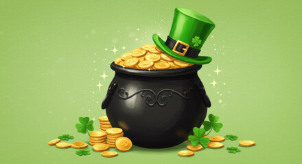 A Digital Illustration Of A Black Pot Overflowing With Gold Coins Green Leprechaun Hat Clovers