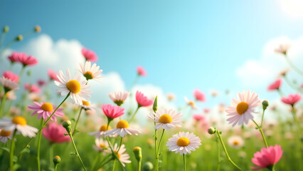 A vibrant field of colorful flowers sways in the breeze against a bright blue sky with fluffy clouds, evoking joy and appreciation for the beauty of nature in a sunny atmosphere.
