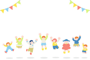楽しそうにジャンプするこども達とガーランドのフラットなイラスト(セット)
