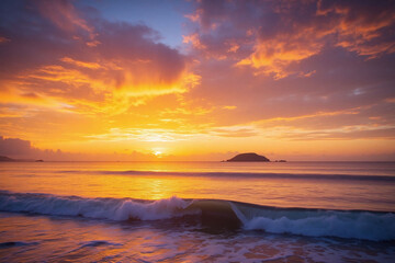 Obraz premium colorful sunset over the ocean with small island in the distance