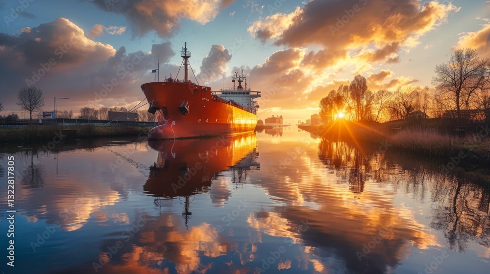 Poster a large red ship floats peacefully in a waterway during sunset. vibrant clouds reflect in the water 