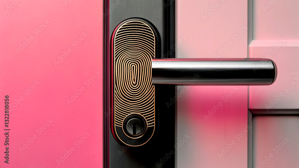 Poster iot smart home integration concept. smart door lock with a fingerprint scanner against a colorful ba