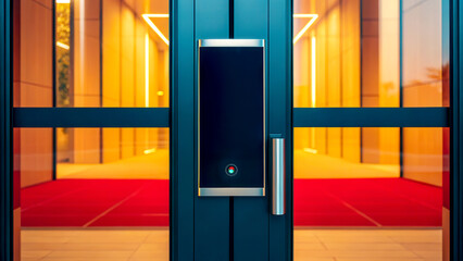 Iot smart home integration concept. Modern glass door opening to a warmly lit interior with a red carpet.