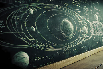 A blackboard filled with diagrams of the solar system, inspiring curiosity and discovery of the wonders of the universe