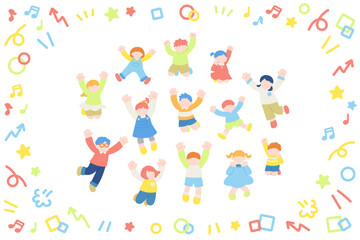 楽しそうにジャンプするこども達とアイコンのフラットなイラスト(セット)
