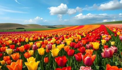 Vibrant Tulip Field Under Blue Sky with Rolling Hills in Daylight
