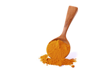 Turmeric powder in wooden spoons. isolated on white background.