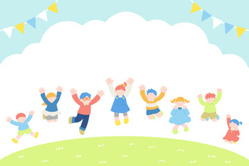 外で楽しそうにジャンプするこども達のフラットなイラスト(セット)
