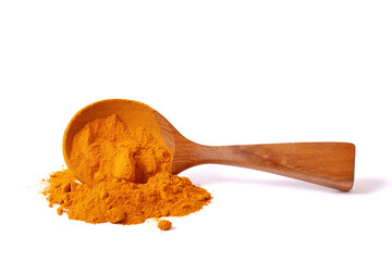 Turmeric powder in wooden spoons. isolated on white background.