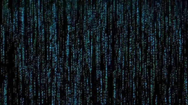 Digital Data Stream with Falling Code Effect Vertical streams of glowing digital code cascade down dark background, symbolizing data flow, cybersecurity, hacking, and futuristic technology.