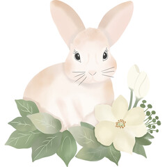 A soft watercolor style digital illustration of a light brown rabbit surrounded by lush green leaves and delicate cream-colored flowers.