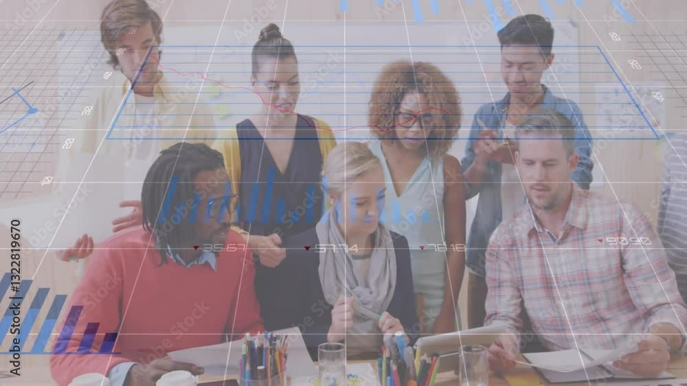 Poster diverse team collaborating at table with financial data processing animation overlay
