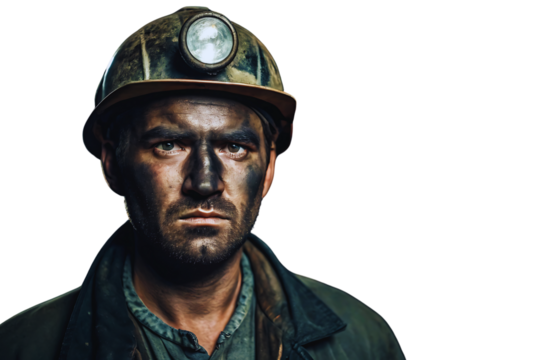 Grizzled Coal Miner Portrait Serious Closeup of a Man in Mining Helmet with Headlamp