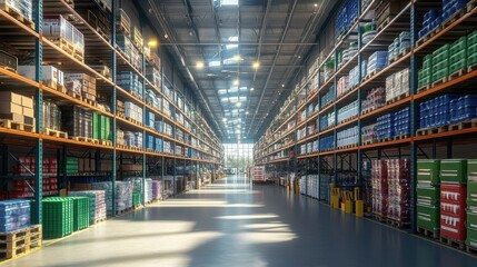 Bright and Clean Warehouse Aisles with Towering Shelves and Products