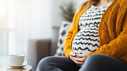 A woman in comfortable clothing sits at home, cradling her baby bump with one hand. She enjoys a warm drink, surrounded by soft lighting and a cozy atmosphere.