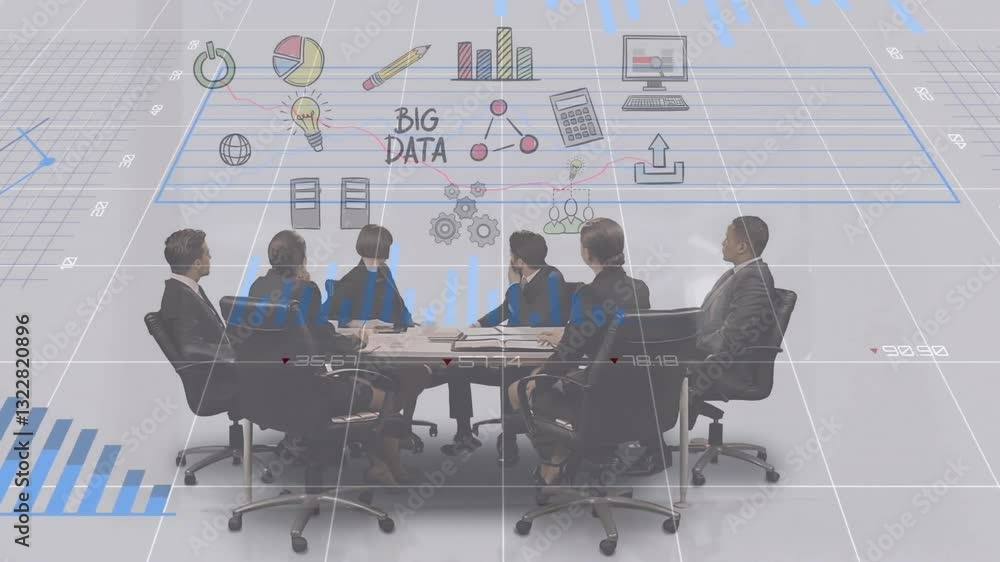 Poster business team in meeting with big data and analytics animation overlay