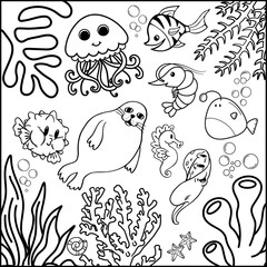 Printable coloring page for World Ocean Day concept. Coloring book activity. Outline vector illustration. seahorses, shrimp, walrus, stingray. Black and white line ocean life.