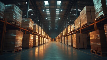 Fototapeta premium Spacious Warehouse Interior with Rows of Boxes and High Ceilings