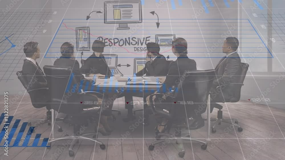 Poster in office, business team discussing responsive design with animation data analytics