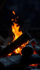 Bonfire, log fire, or campfire in dark background with flame, burned log wood, firewood in home fireplace for heating or camping, 8k  photorealism. with white shades
