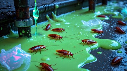 A scene with cockroaches in a green, slimy substance near pipes.