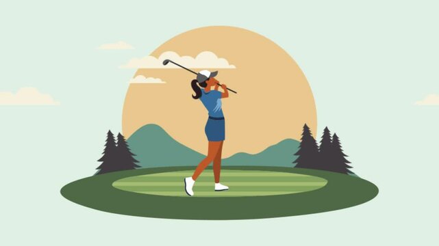 Footage Animation Video of Woman Golfer Sport Player Character Swinging Golf Stick on the Field