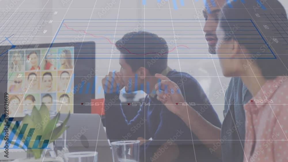 Poster analyzing animation charts on computer, business team discussing data in office