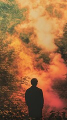 Obraz premium Silhouette of a Man in Smoky Forest at Sunset