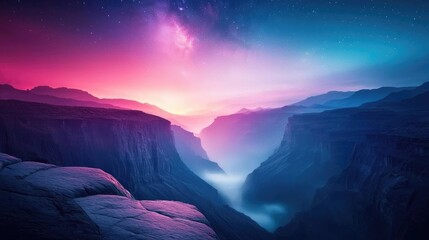 Naklejka premium Dark sky concept. Stunning twilight view of a canyon under a starry sky with vibrant colors.