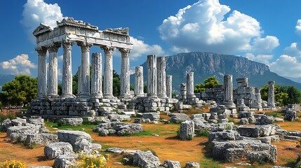 Ancient ruins featuring columns in front of a mountain range